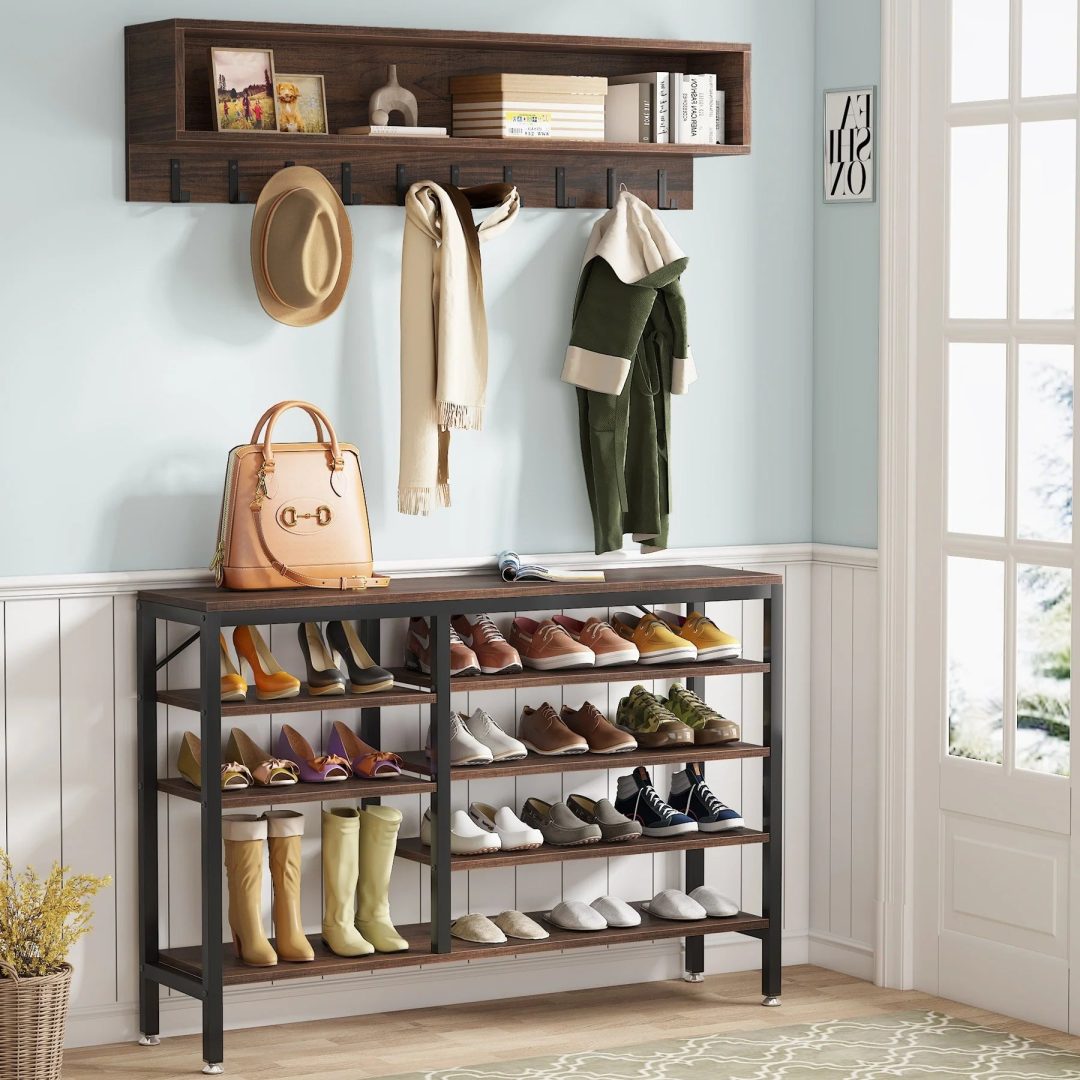 ZenVora Entryway Coat Rack and Shoe Bench Set, Industrial Hall Tree with Coat and Shoe Storage
