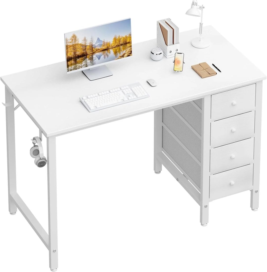 ZenVora 40 Inch Small White Desk with Fabric Drawers, Compact Computer Writing Desk for Home Office, Bedroom and Study