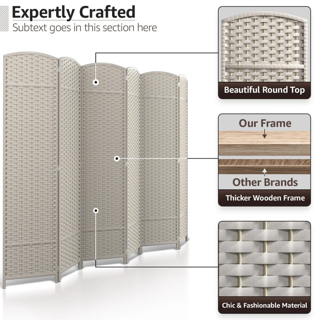 ZenVora 6 Panel Room Divider, 6ft Tall Extra Wide Folding Privacy Screen with Hand-Woven Mesh Panels