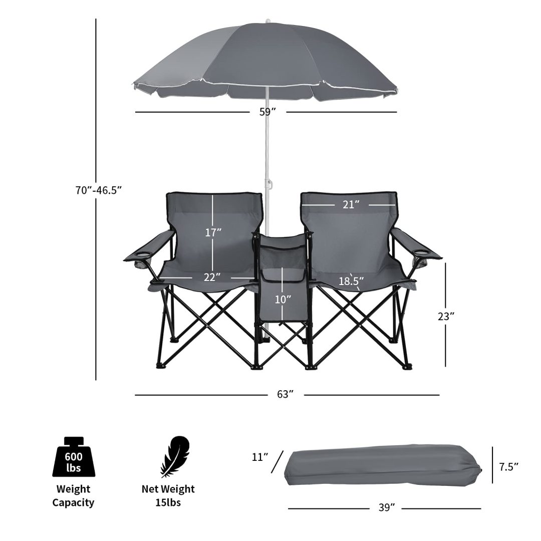 ZenVora Double Folding Picnic Chairs with Umbrella – Mini Table & Beverage Holder Included
