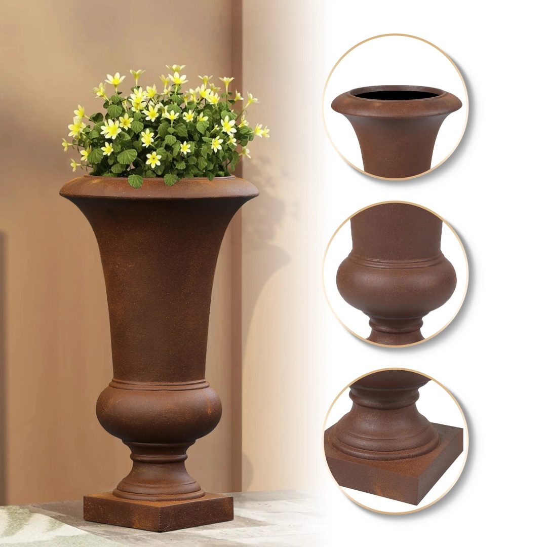 ZenVora 22.75" Tall Handmade Fiber Stone Urn Planter Pot, Decorative Outdoor Garden Flower Container for Patio and Home