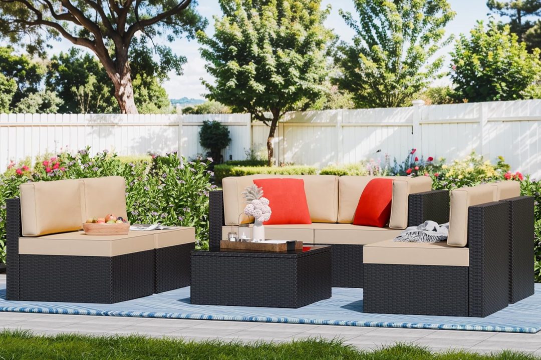 ZenVora 5-Piece All-Weather Patio Furniture Set with Ottoman, Outdoor Wicker Conversation Sofa Set with Cushions for Garden, Deck & Backyard