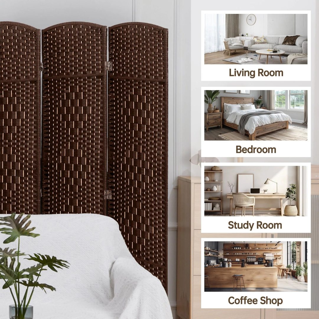 ZenVora 6 FT Tall Woven Fiber Room Divider, Freestanding Folding Privacy Screen