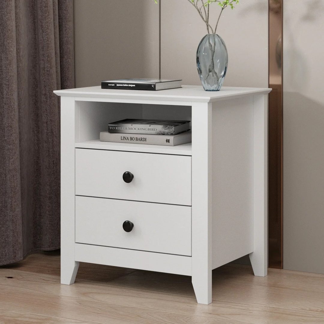 ZenVora 21.7 Inch Tall White Nightstand, 2 Drawers and 1 Open Shelf Bedside End Table