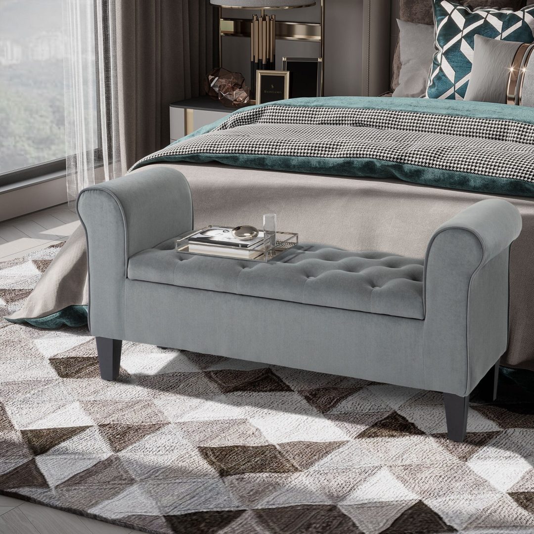 ZenVora Button-Tufted Storage Ottoman Bench, Upholstered Bed Bench with Rolled Armrests for Bedroom, Living Room and Hallway