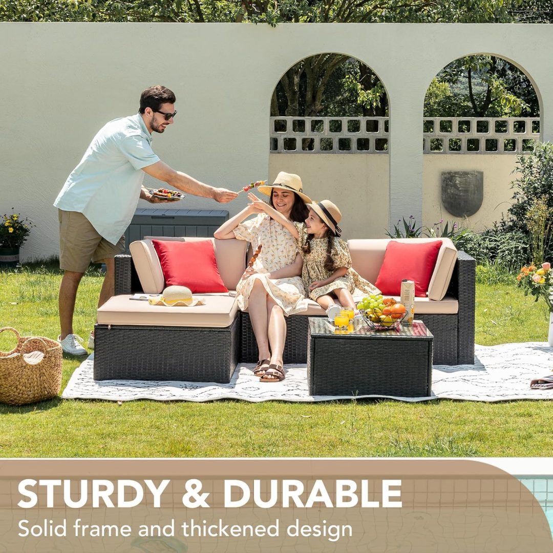ZenVora 5-Piece All-Weather Patio Furniture Set with Cushions, Outdoor Wicker Conversation Sofa Set for Garden, Deck & Backyard