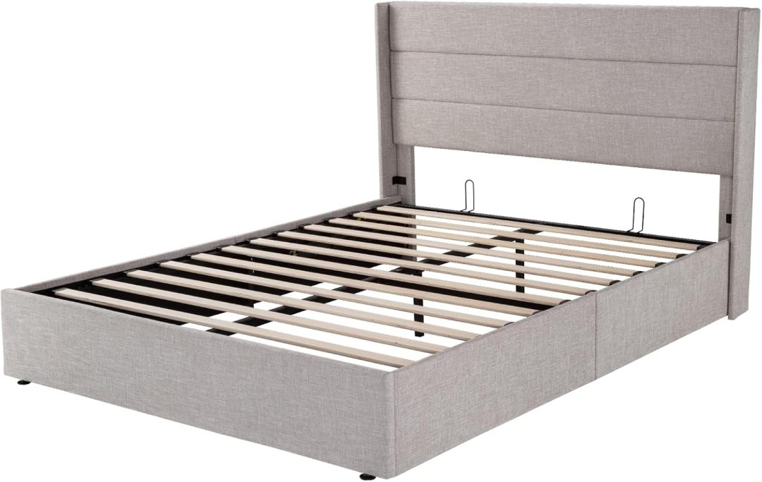 ZenVora Queen Size Lift Up Storage Bed with Wingback Headboard, Upholstered Platform Bed Frame with Hidden Storage