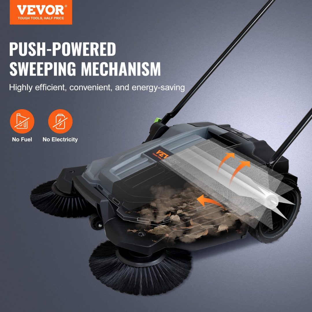 ZenVora Walk-Behind Hand Push Floor Sweeper, 5-Gallon Waste Container, Manual Outdoor Sweeping Machine