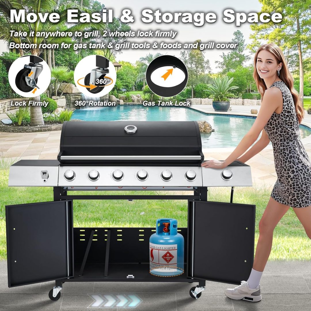 ZenVora 4-Burner Propane Gas Grill with Cast Iron Grates, Side Stove and 44,000 BTU Stainless Steel Burners