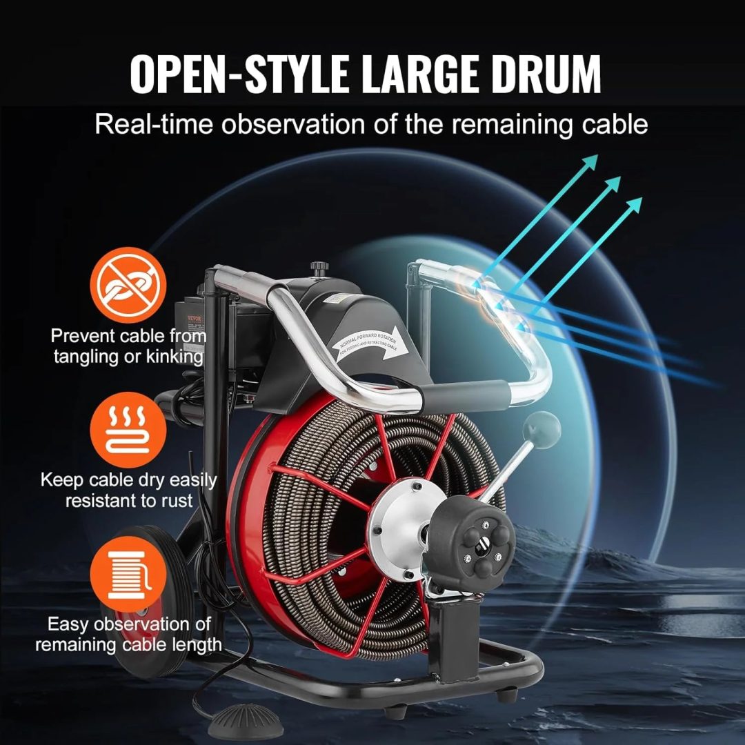 ZenVora 550W Drain Cleaning Machine, 100-Ft. x 1/2-Inch Sewer Snake Auger with 8 Cutters, Wheels and Foot Switch, for 2-4-Inch Pipes