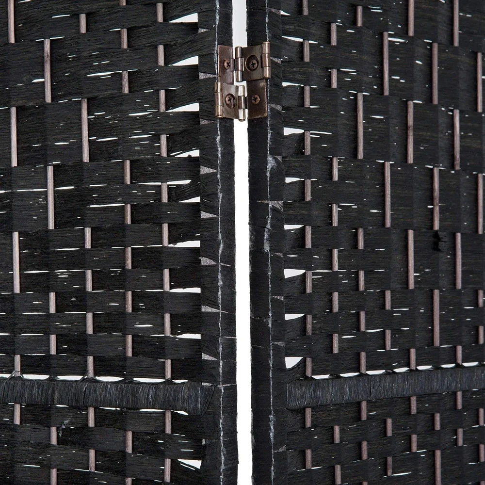 ZenVora 6 Ft Tall Four-Panel Wicker Weave Room Divider, Black Wood Privacy Screen