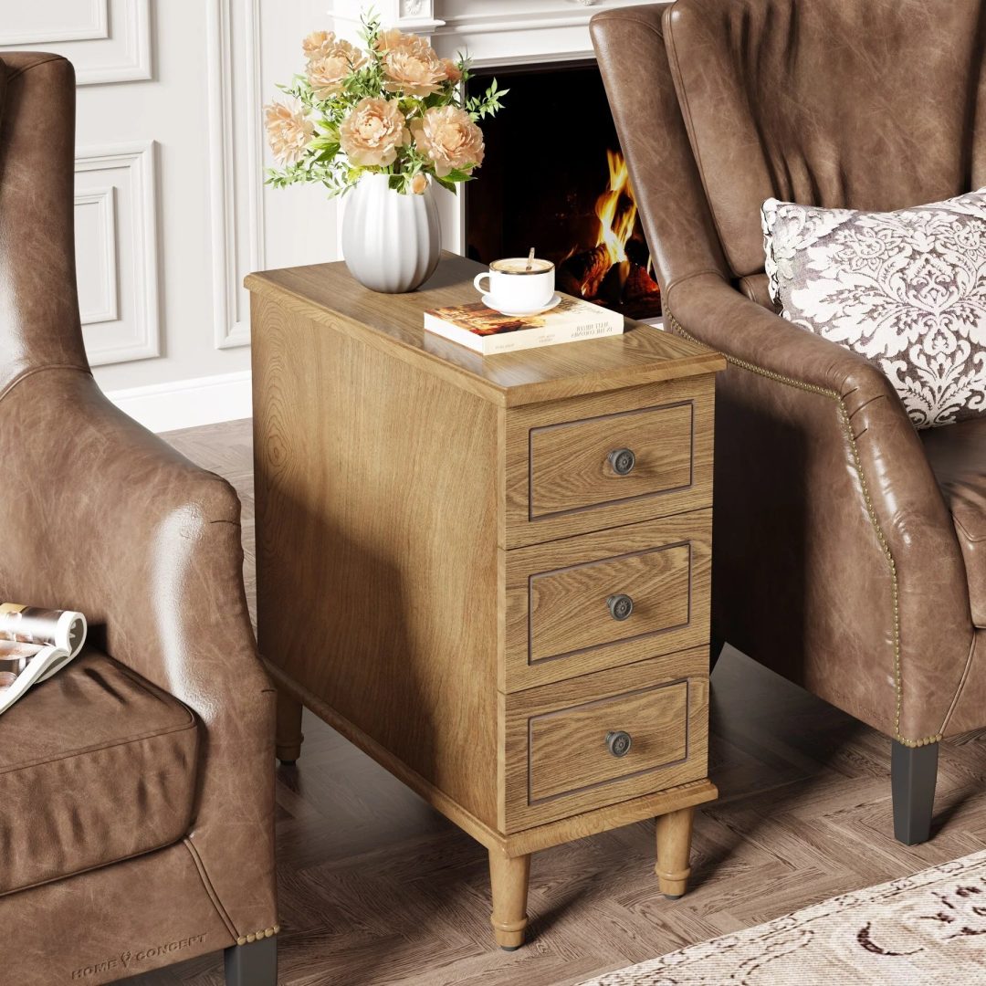 ZenVora Fully Assembled Narrow End Table, Solid Wood Side Table with 3 Drawers, Vintage Nightstand for Small Spaces