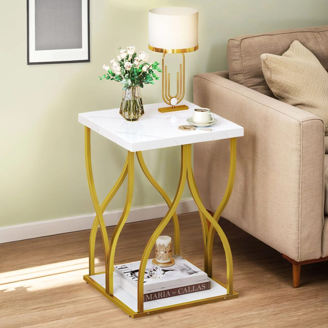 ZenVora Modern Gold Console Table with Marbled Top, Sofa Table for Entryway and Hallway