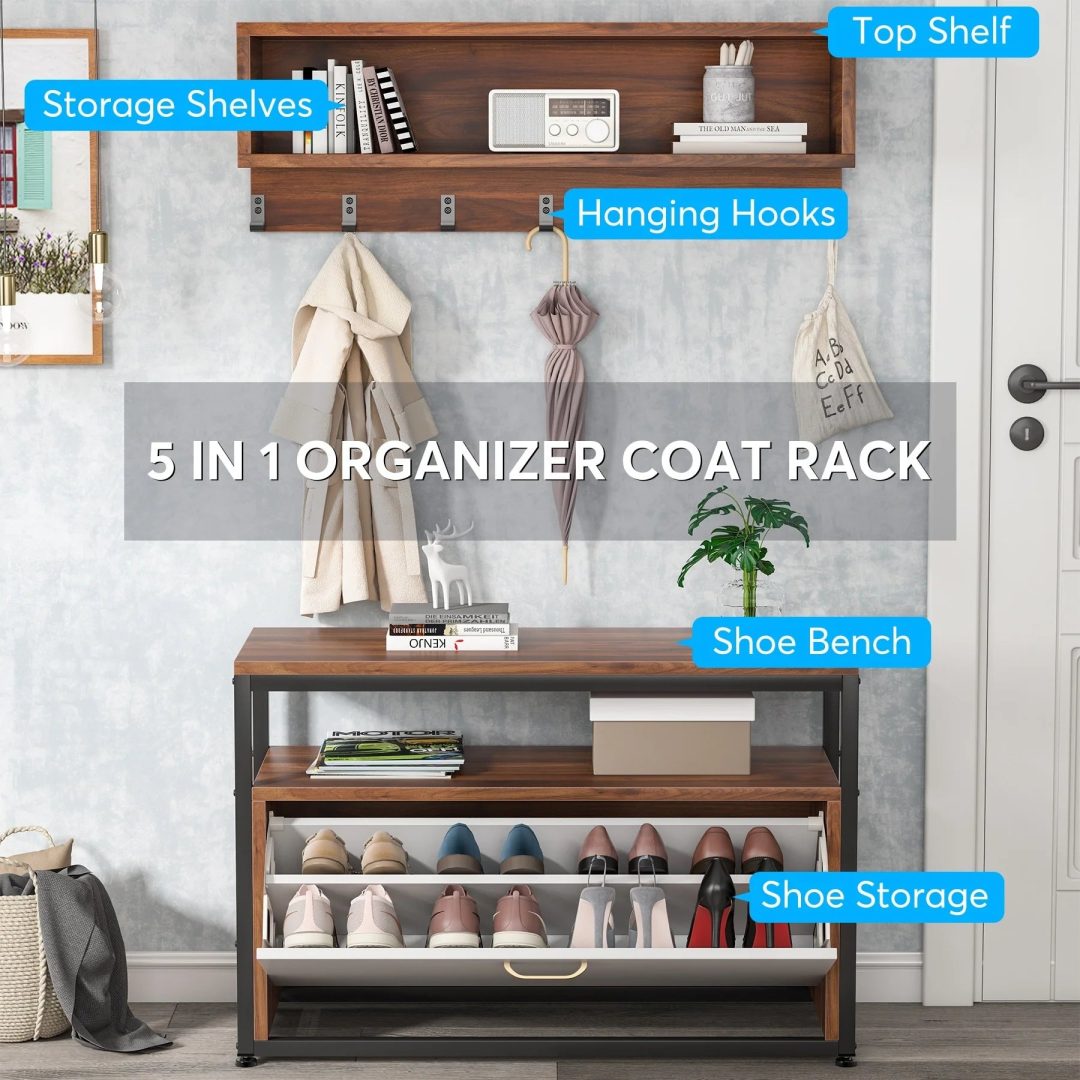 ZenVora Entryway Coat Rack and Shoe Bench Set, Industrial Hall Tree with Coat and Shoe Storage