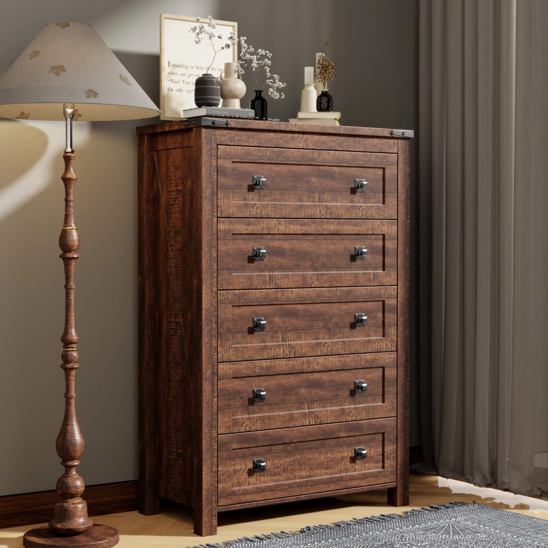 ZenVora 48 Inch Tall Farmhouse Wood Dresser, 5 Drawer Chest of Drawers for Bedroom