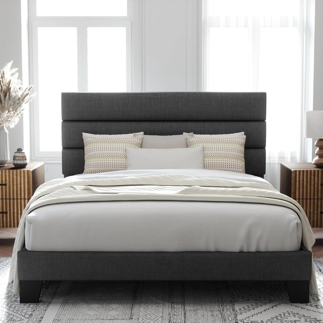 ZenVora Queen Size Upholstered Platform Bed Frame, Dark Gray Fabric Bed with Headboard for Bedroom