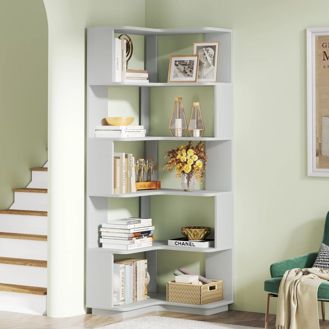 ZenVora 64.9 Inch Tall 6-Tier Corner Bookshelf, Freestanding Wood Industrial Bookcase