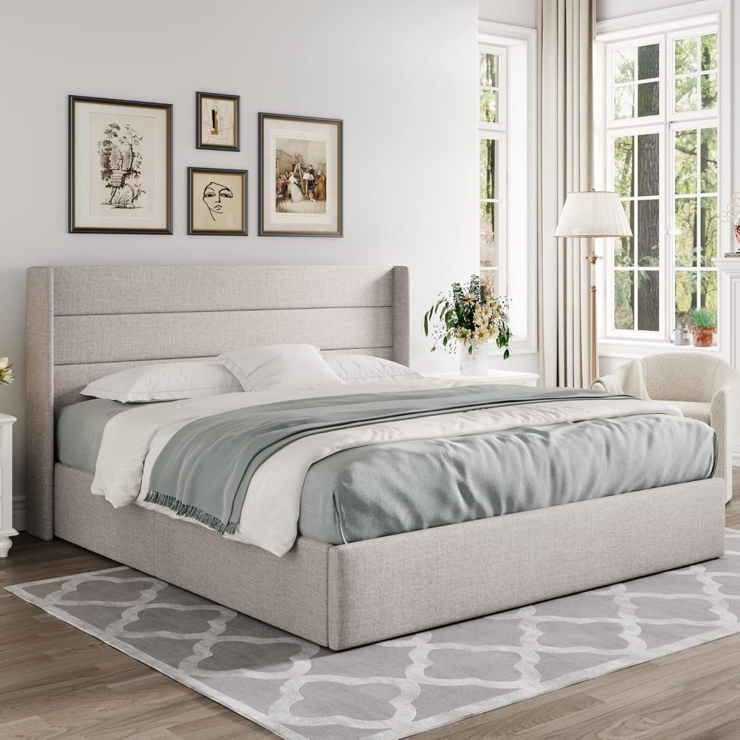 ZenVora Queen Size Lift Up Storage Bed with Wingback Headboard, Upholstered Platform Bed Frame with Hidden Storage