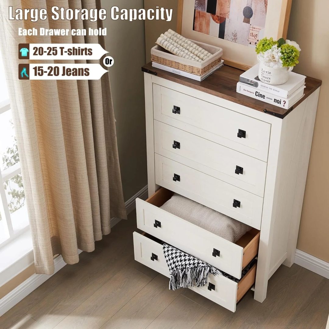 ZenVora 48 Inch Tall Farmhouse Wood Dresser, 5 Drawer Chest of Drawers for Bedroom