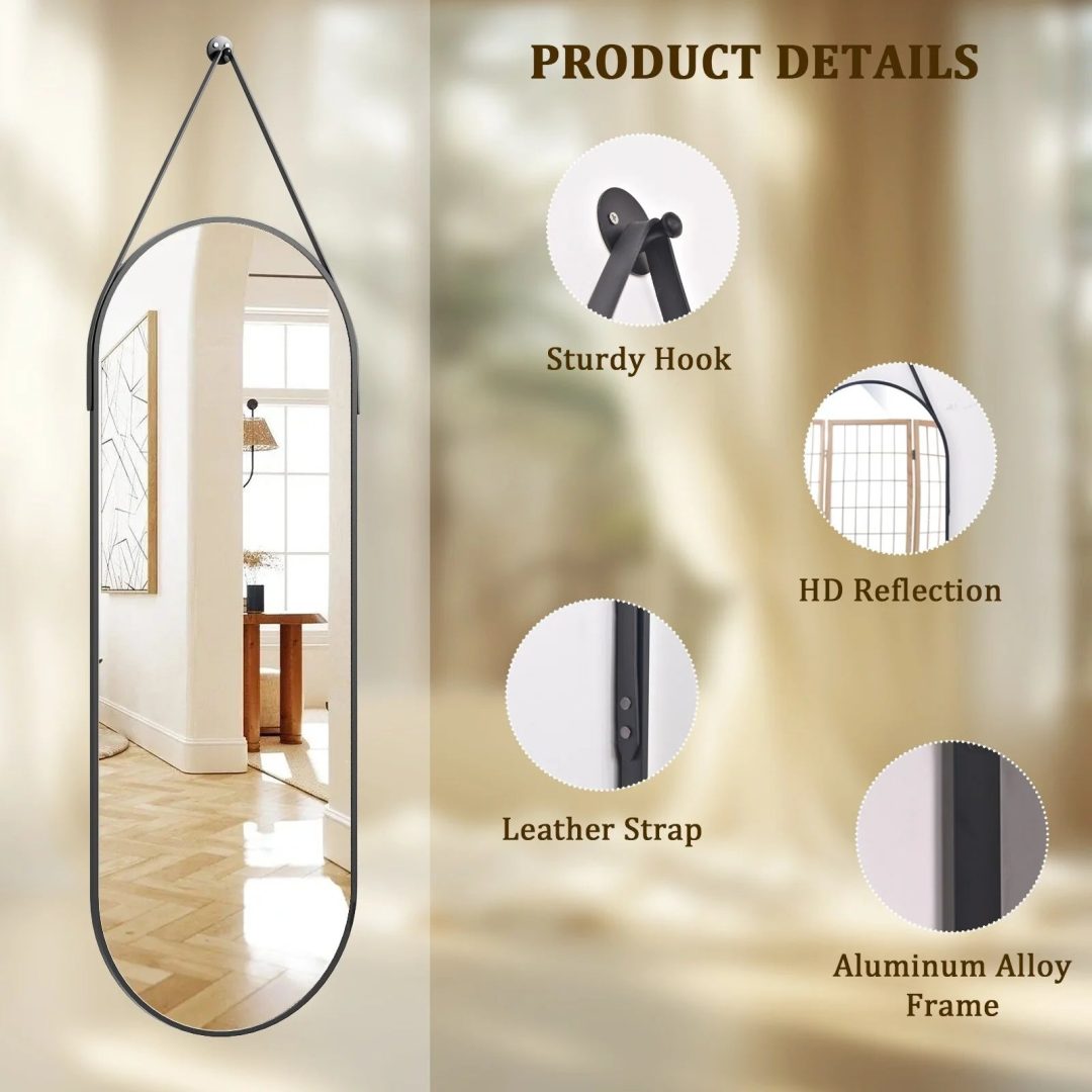 ZenVora 48 x 16 Inch Full Length Wall Mirror with Leather Strap, Hanging Full Body Mirror for Bedroom, Entryway and Home Decor