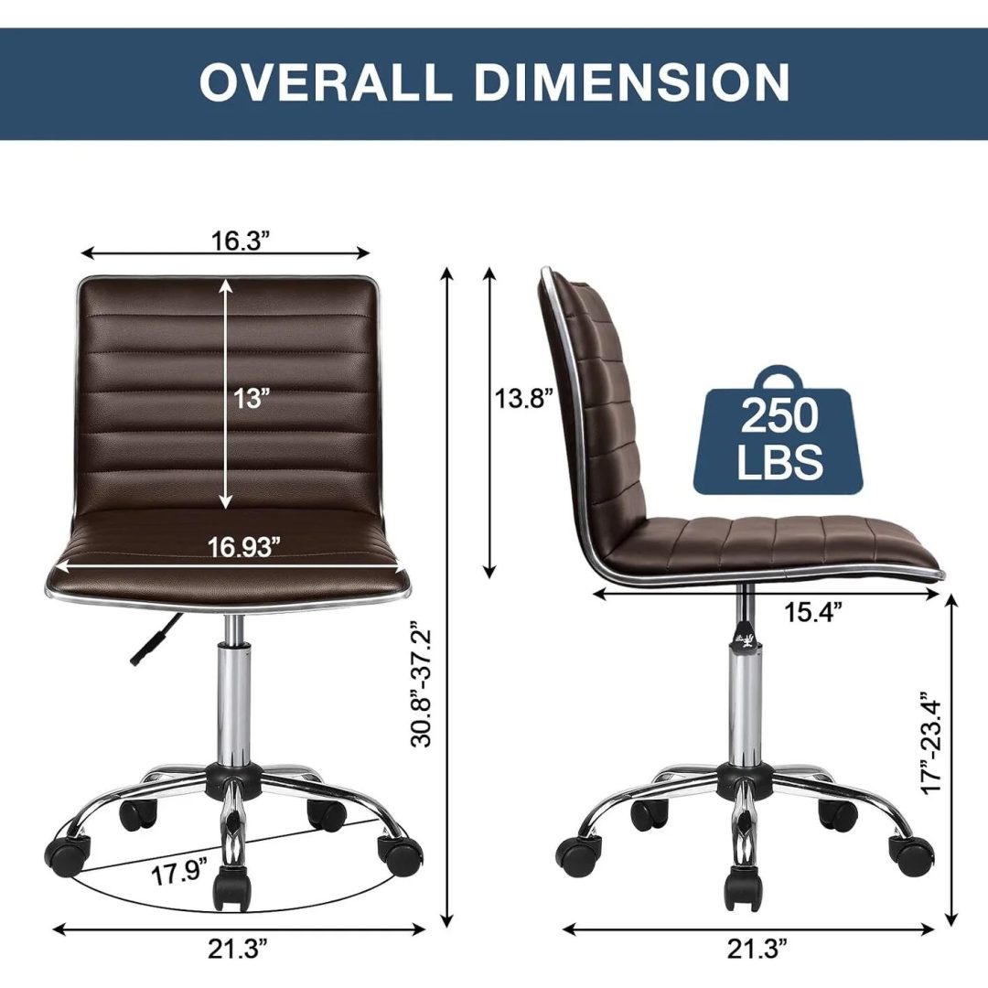 ZenVora Adjustable Mid-Back Armless Swivel Office Chair, Ribbed Task and Vanity Chair for Small Spaces