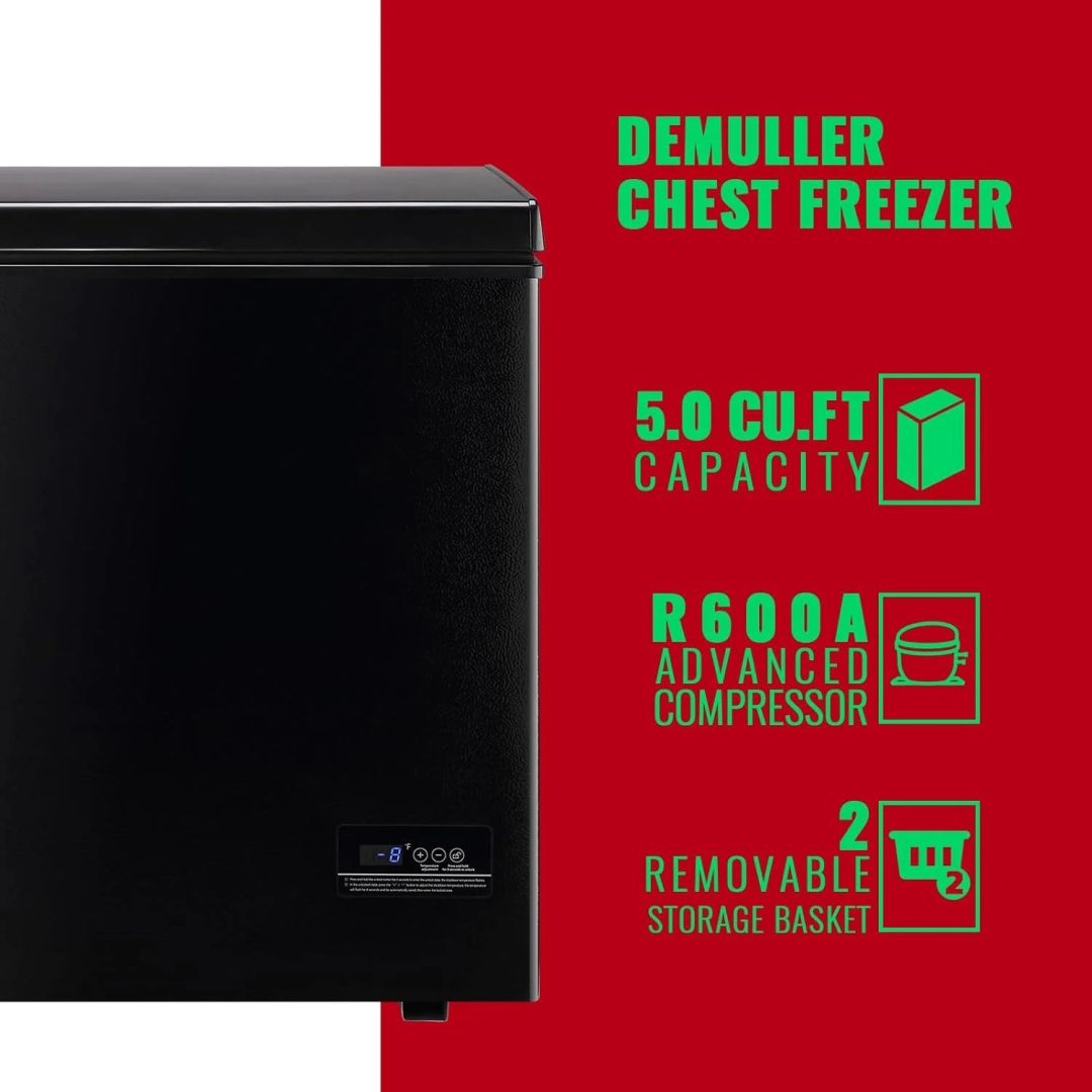 ZenVora 5.0 Cu. Ft. Chest Freezer with 2 Removable Stainless Steel Baskets, Electronic Control, 41°F to -15°F, Black