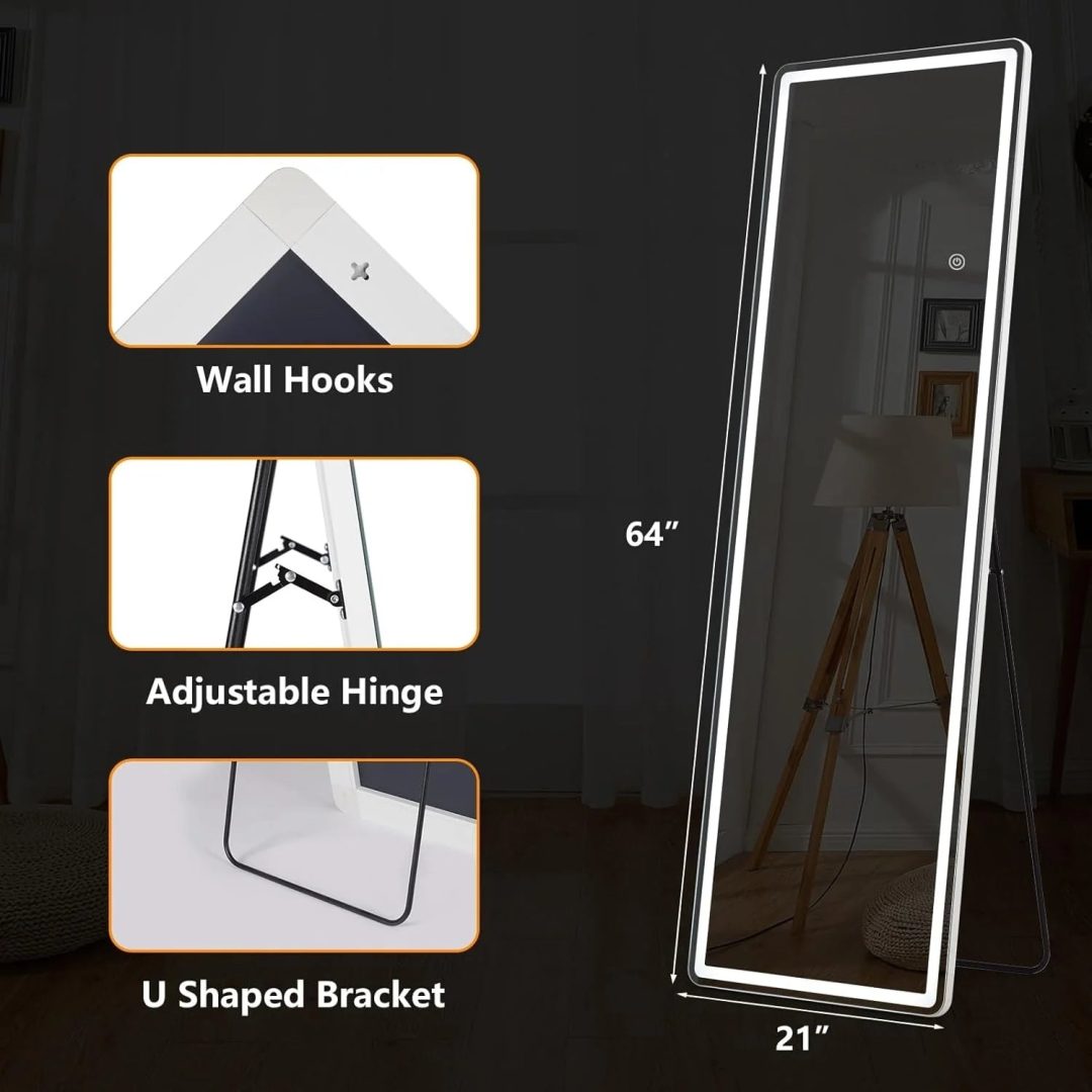 ZenVora 64 x 21 Inch Full Length LED Floor Mirror with Stand, Full Body Wall Mounted Mirror