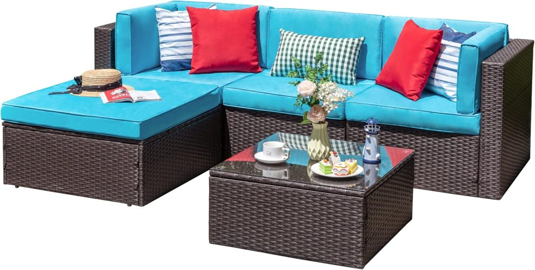 ZenVora 5-Piece All-Weather Patio Furniture Set with Ottoman, Outdoor Wicker Conversation Sofa Set with Cushions for Garden, Deck & Backyard