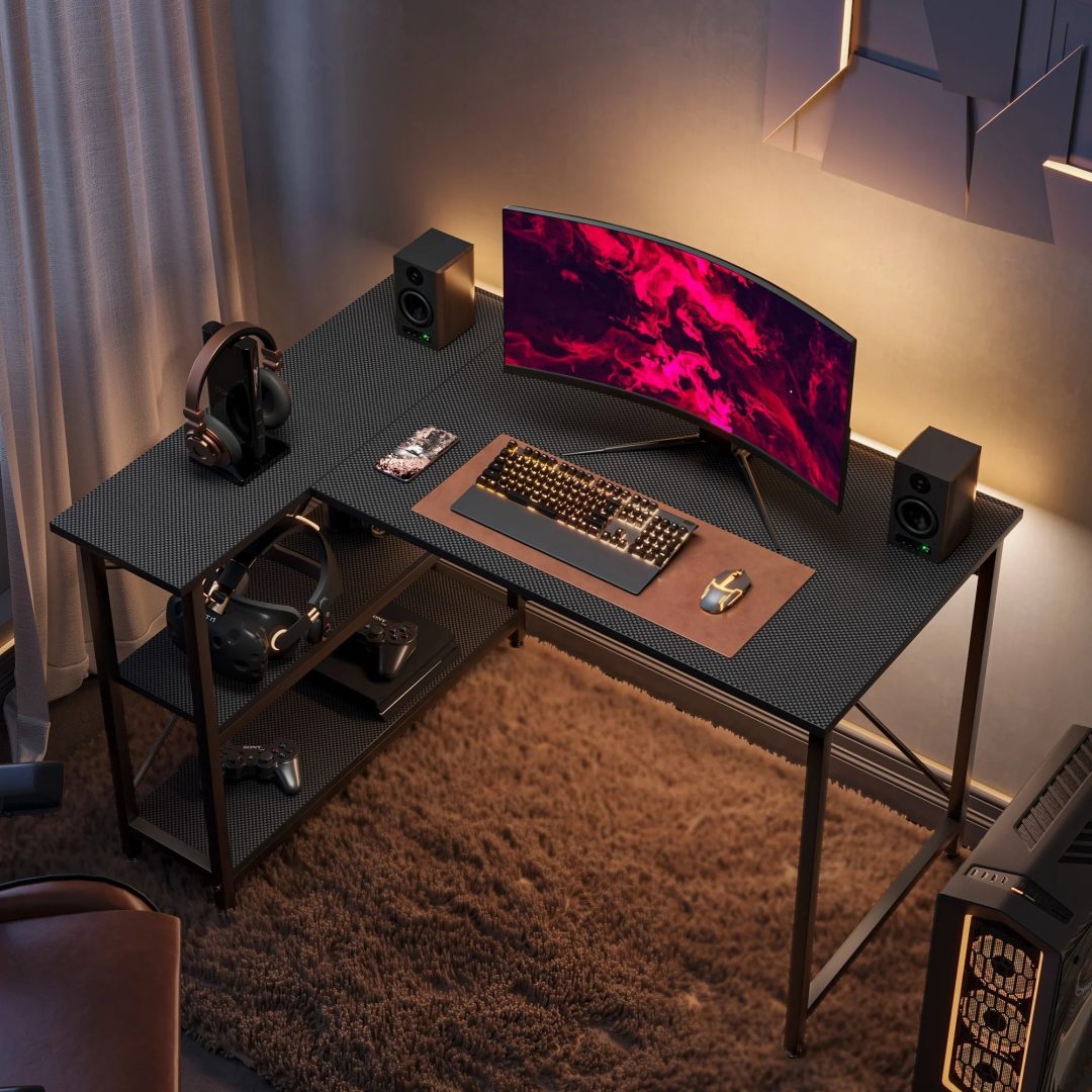 ZenVora Small L Shaped Computer Desk with Storage Shelves, Compact Corner Workstation for Home Office and Study