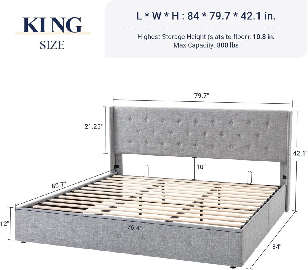 ZenVora Queen Size Lift Up Storage Bed with Wingback Headboard, Upholstered Platform Bed Frame with Hidden Storage
