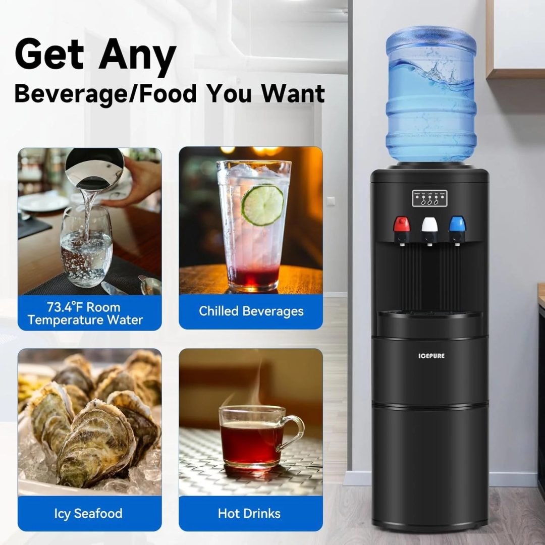 ZenVora 3-in-1 Hot & Cold Water Cooler with Built-in Ice Maker – Top Loading for 3-5 Gallon Bottles, Child Safety Lock, Black