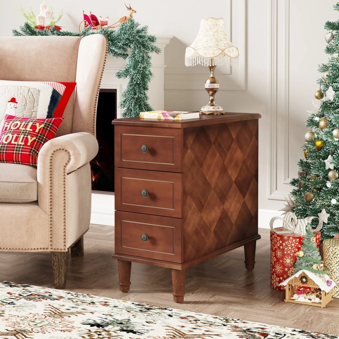 ZenVora Fully Assembled Narrow End Table, Solid Wood Side Table with 3 Drawers, Vintage Nightstand for Small Spaces