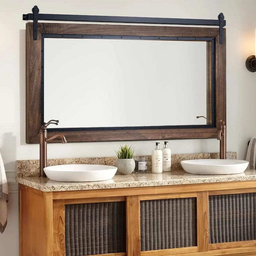 ZenVora Farmhouse Barn Door Style Bathroom Vanity Mirror, Natural Wood Wall Mirror for Bathroom, Bedroom and Entryway