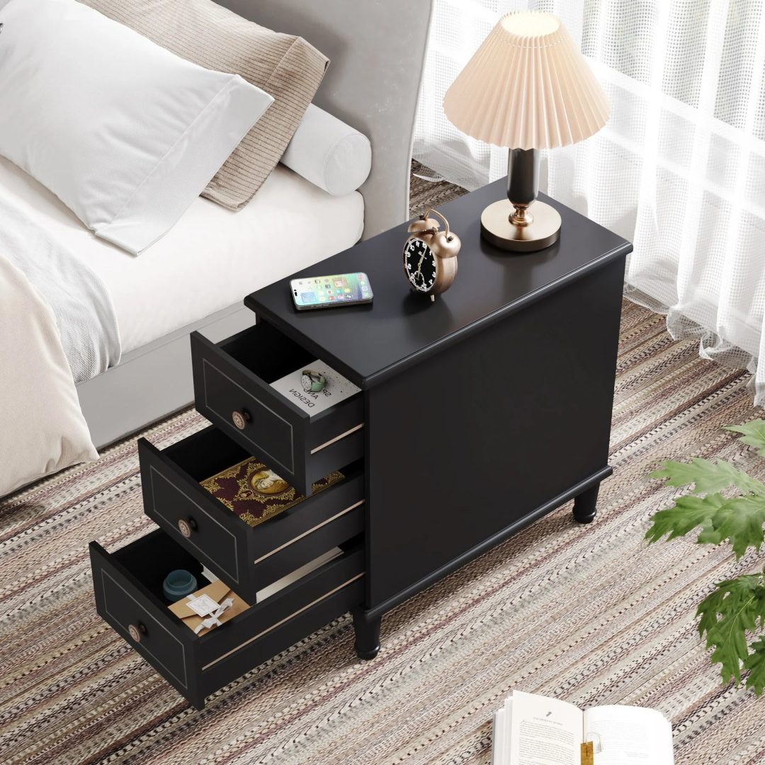 ZenVora Fully Assembled Narrow End Table, Solid Wood Side Table with 3 Drawers, Vintage Nightstand for Small Spaces