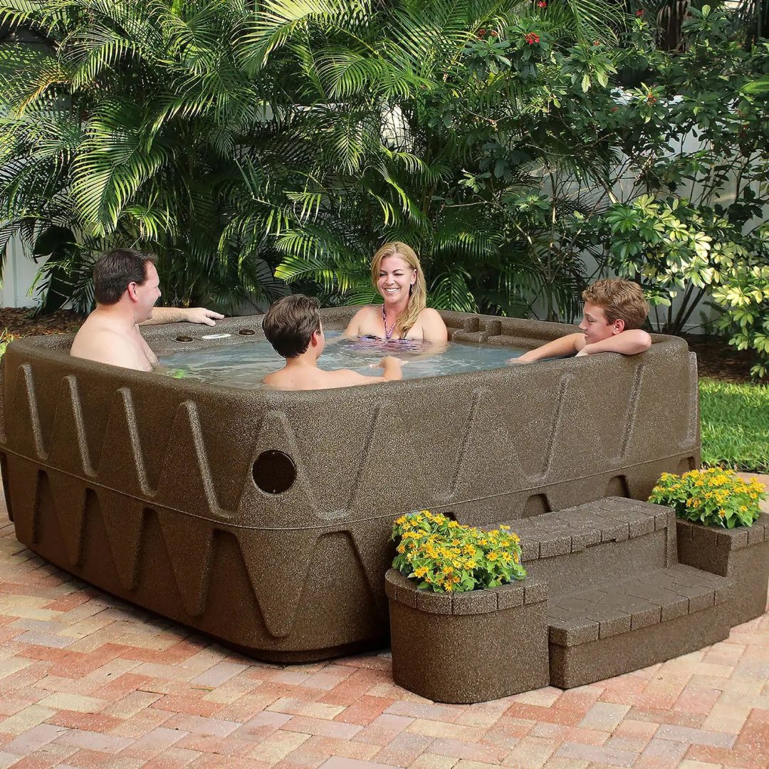 ZenVora 4-Person Square Plug-and-Play Hot Tub with Ozonator – 20 Stainless Steel Jets, LED Waterfall, 110V