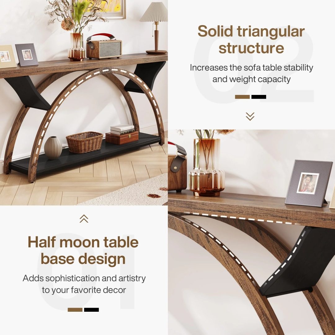ZenVora Gray 2-Tier Slim Console Sofa Table, Semi-Circular Metal Frame for Hallway