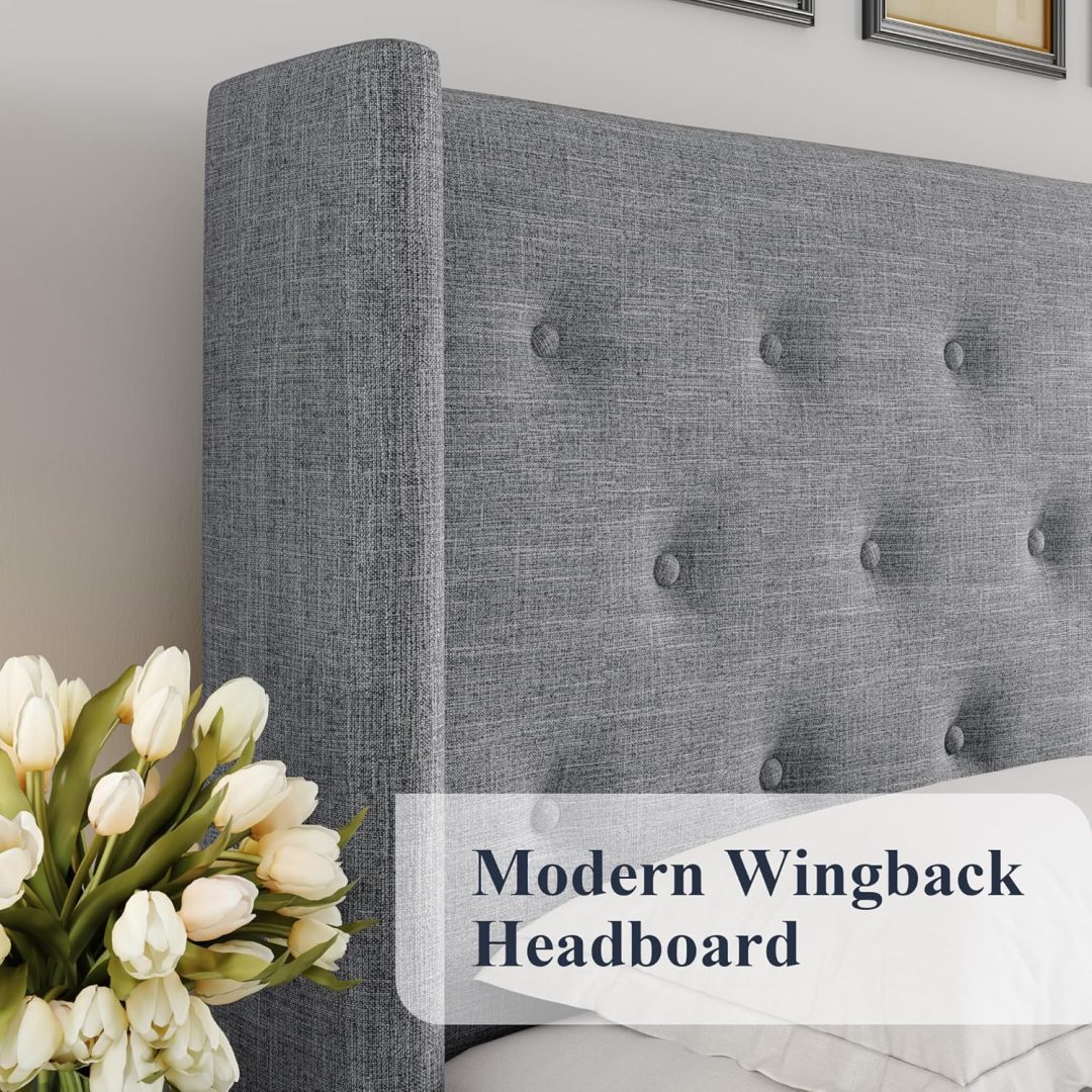 ZenVora Queen Size Lift Up Storage Bed with Wingback Headboard, Upholstered Platform Bed Frame with Hidden Storage