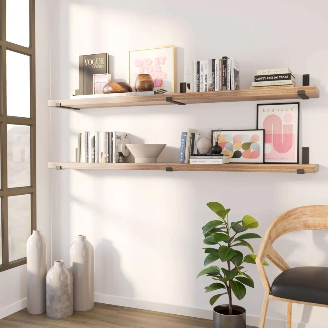 ZenVora 72 Inch Floating Wood Wall Shelves, Set of 2 Burnt Wood Display and Storage Shelves for Home Decor