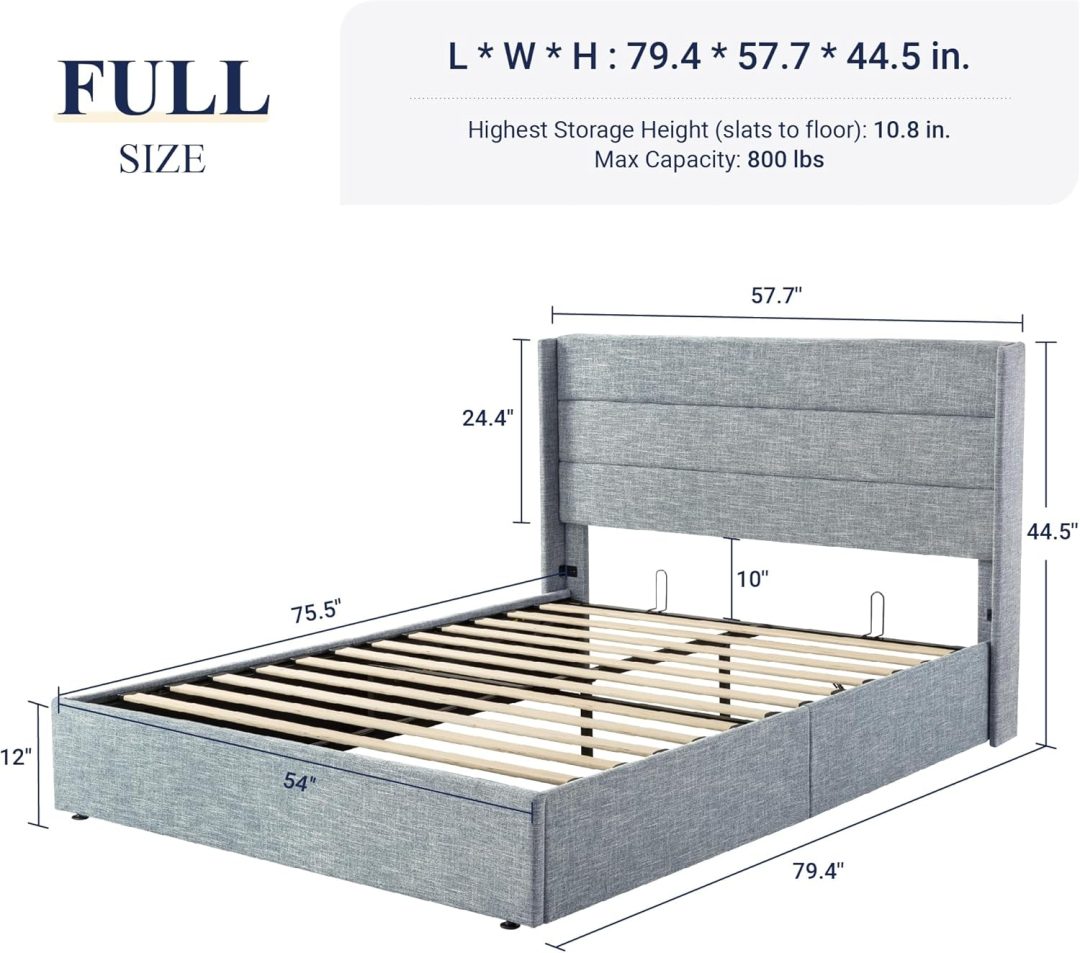 ZenVora Queen Size Lift Up Storage Bed with Wingback Headboard, Upholstered Platform Bed Frame with Hidden Storage