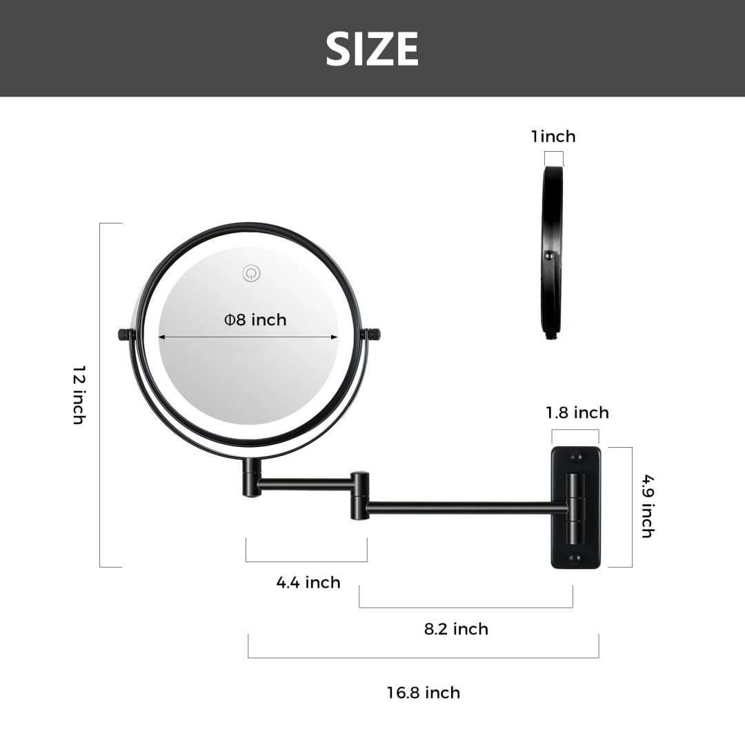 ZenVora 8 Inch Round Wall Mounted Makeup Mirror, Rechargeable, 1X/10X Magnification, 3-Color LED Lights