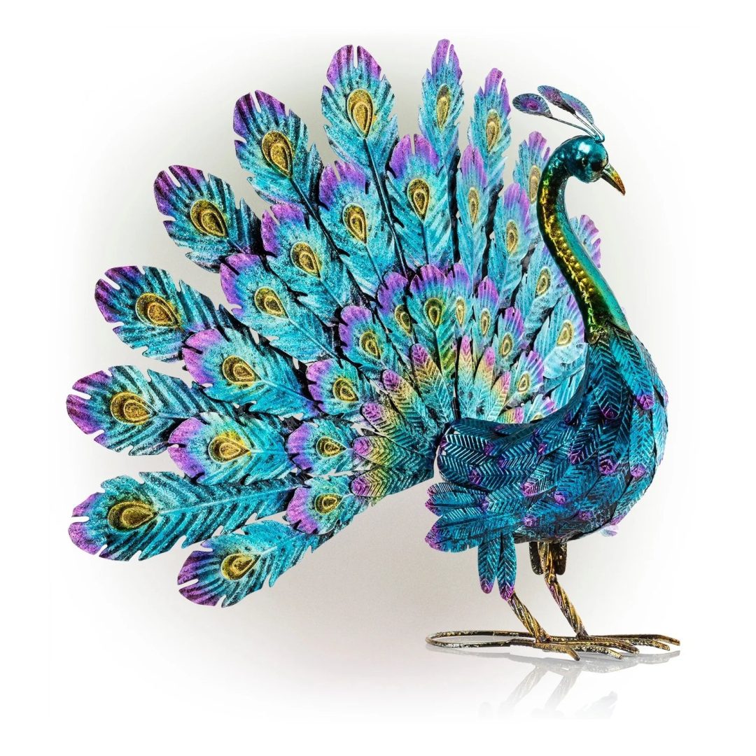 ZenVora Tall Metallic Peacock Garden Statue, Multicolor Outdoor Standing Bird Sculpture for Yard, Patio and Garden Decoration