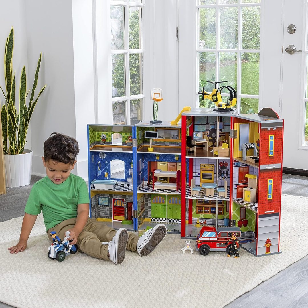 ZenVora Wooden Kids Play Set, 3-Level Playset with 26 Accessories, Foldable Design for Easy Storage, Indoor Activity Toy