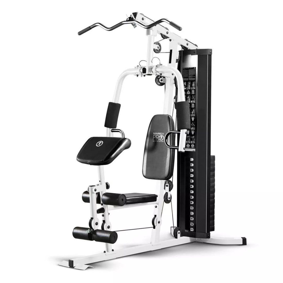 ZenVora 150-Lb. Weight Stack Home Gym with Dual-Function Arm Press and Leg Developer, Black/White