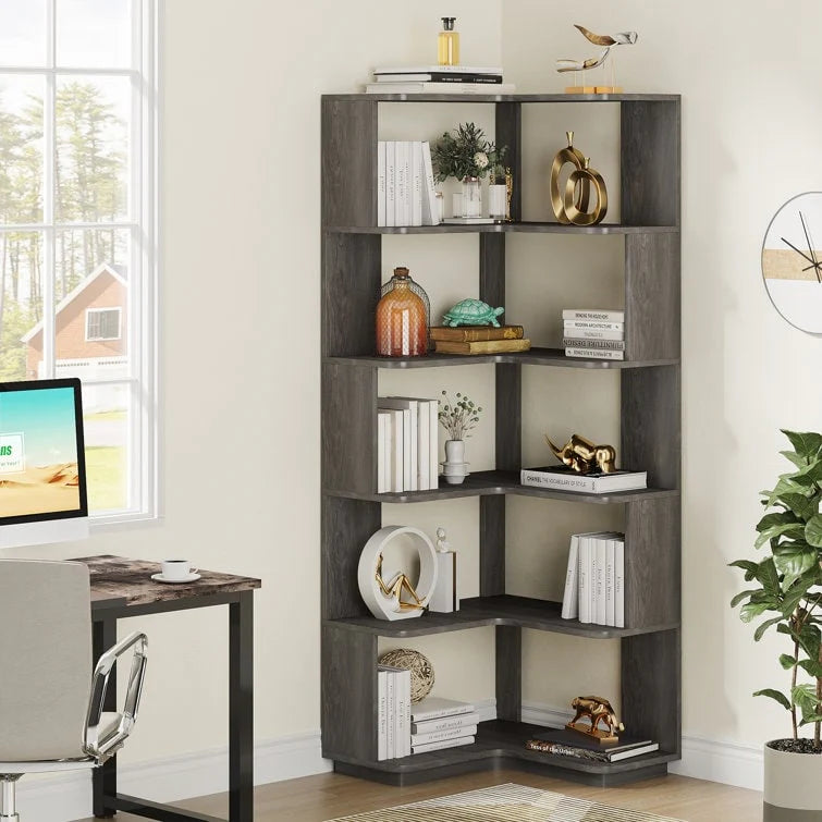 ZenVora 64.9 Inch Tall 6-Tier Corner Bookshelf, Freestanding Wood Industrial Bookcase