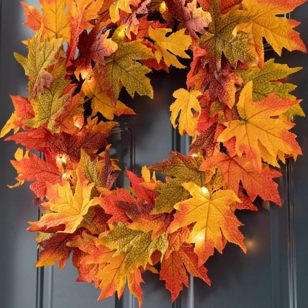 ZenVora Thanksgiving LED Lighted Fall Maple Leaf Wreath and Garland - Autumn Home Decor