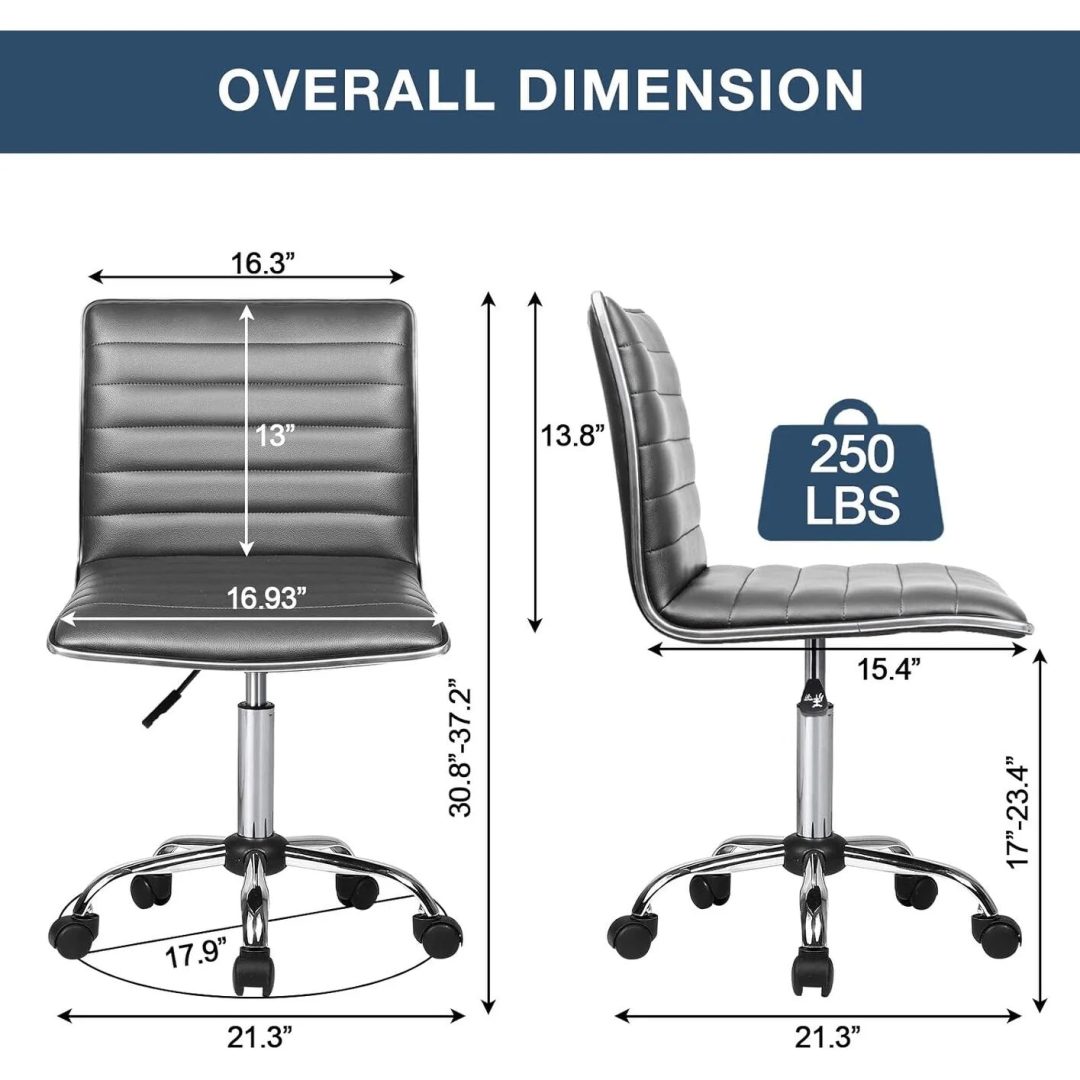 ZenVora Adjustable Mid-Back Armless Swivel Office Chair, Ribbed Task and Vanity Chair for Small Spaces
