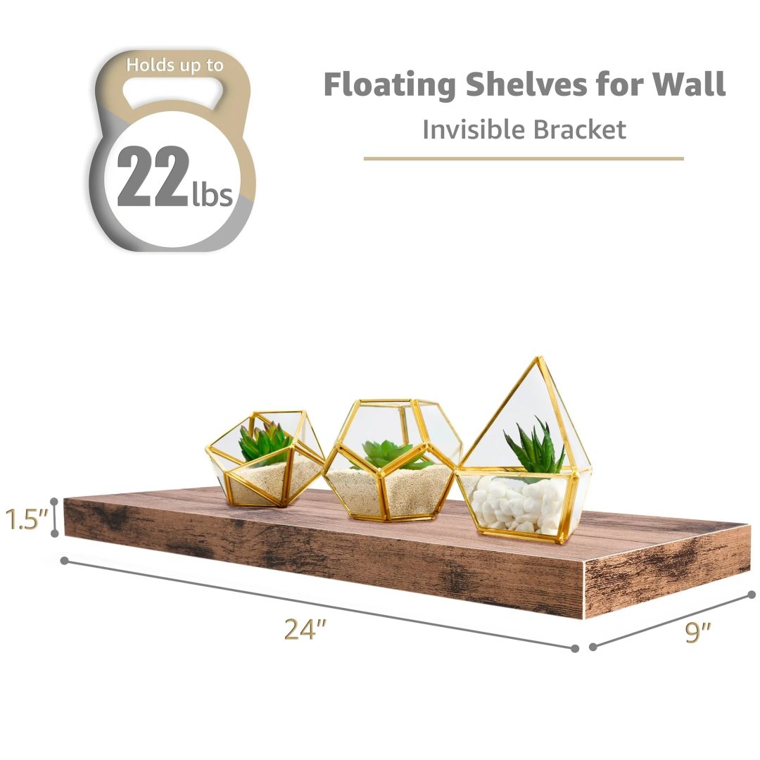ZenVora Set of 3 Floating Wood Wall Shelves, Wall Mounted Display and Storage Shelves with Invisible Brackets for Books and Home Decor
