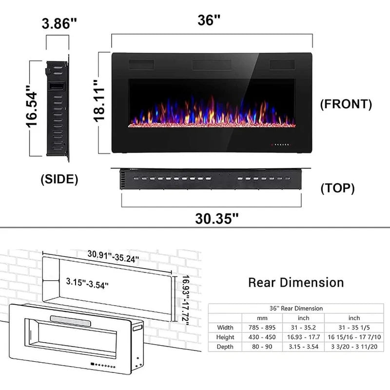 ZenVora Recessed Electric Fireplace Heater, Wall Mounted 750-1500W Fireplace with Remote Control