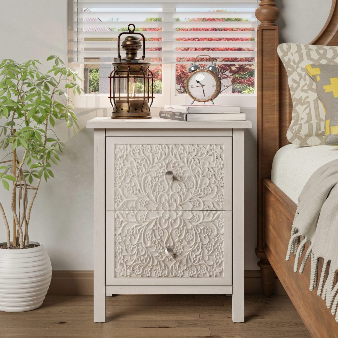 Farmhouse Fully Assembled Nightstand with 2 Drawers, Flower Motif End Table for Small Spaces