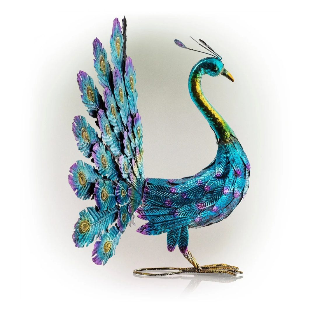 ZenVora Tall Metallic Peacock Garden Statue, Multicolor Outdoor Standing Bird Sculpture for Yard, Patio and Garden Decoration